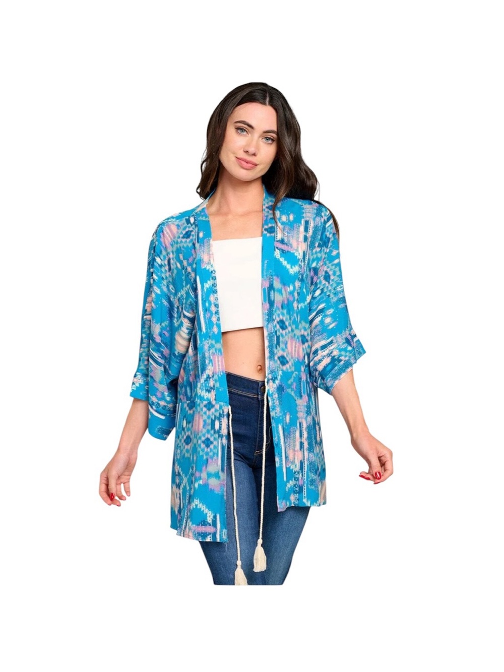 OPEN FRONT SELF TIE MULTI PRINT KIMONO Blue Floral Kimono Jacket